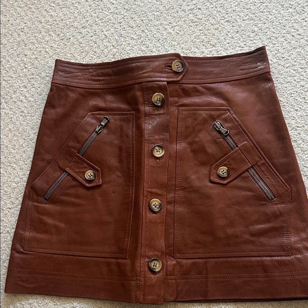 Veronica Beard Brown Leather Button-Front Mini Skirt